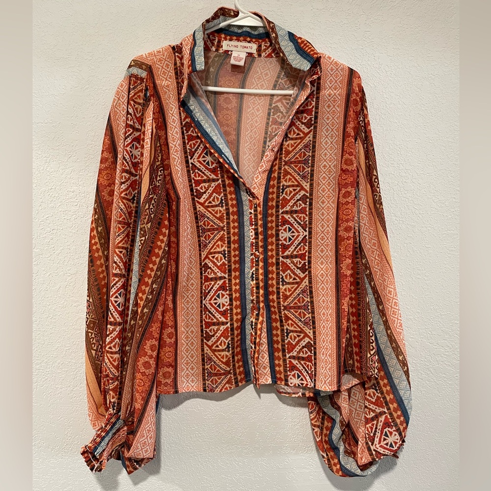 Flying Tomato button blouse - size medium - orange/cream